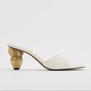 Zara White Square Toe Mules w/ Gold Art Deco Heel